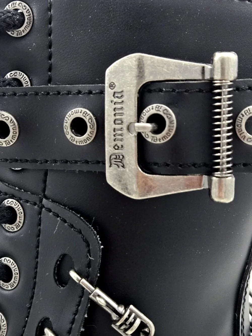 DEMONIA Bolt 250 Mens Sz 10 Black Goth Combat Biker Side Zip Buckle Chains Boots